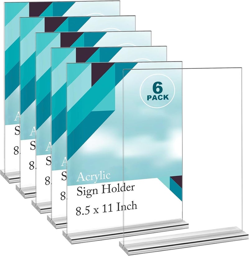 EHWINE 6 Pack Acrylic Sign Holders - 8.5 x 11, Double-Sided Stand Up Table Top Sign Holders, Clear Acrylic Picture Frame Menu Flyer Paper Display Stand for Office Business Store Wedding Party - Image 1